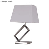 Modern White Fabric Table Light With Pagoda Shade - Stylish Bedside Lamp Steel Frame Base
