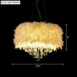 Modern White Feather Drum Pendant Chandelier With Crystal Drop - 5/6/9 Lights 16/19.5/27.5 Wide