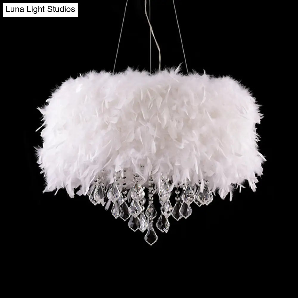Modern White Feather Drum Pendant Chandelier With Crystal Drop - 5/6/9 Lights 16/19.5/27.5 Wide