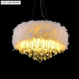 Modern White Feather Drum Pendant Chandelier With Crystal Drop - 5/6/9 Lights 16/19.5/27.5 Wide