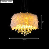 Modern White Feather Drum Pendant Chandelier With Crystal Drop - 5/6/9 Lights 16/19.5/27.5 Wide