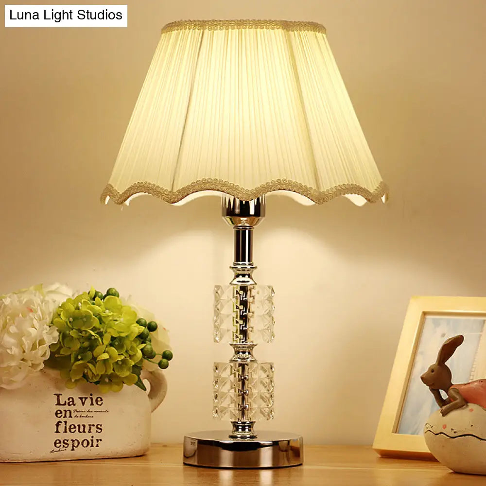 Modern White Flared Study Lamp: Single Head Fabric Table Light With Faux-Braided Detailing