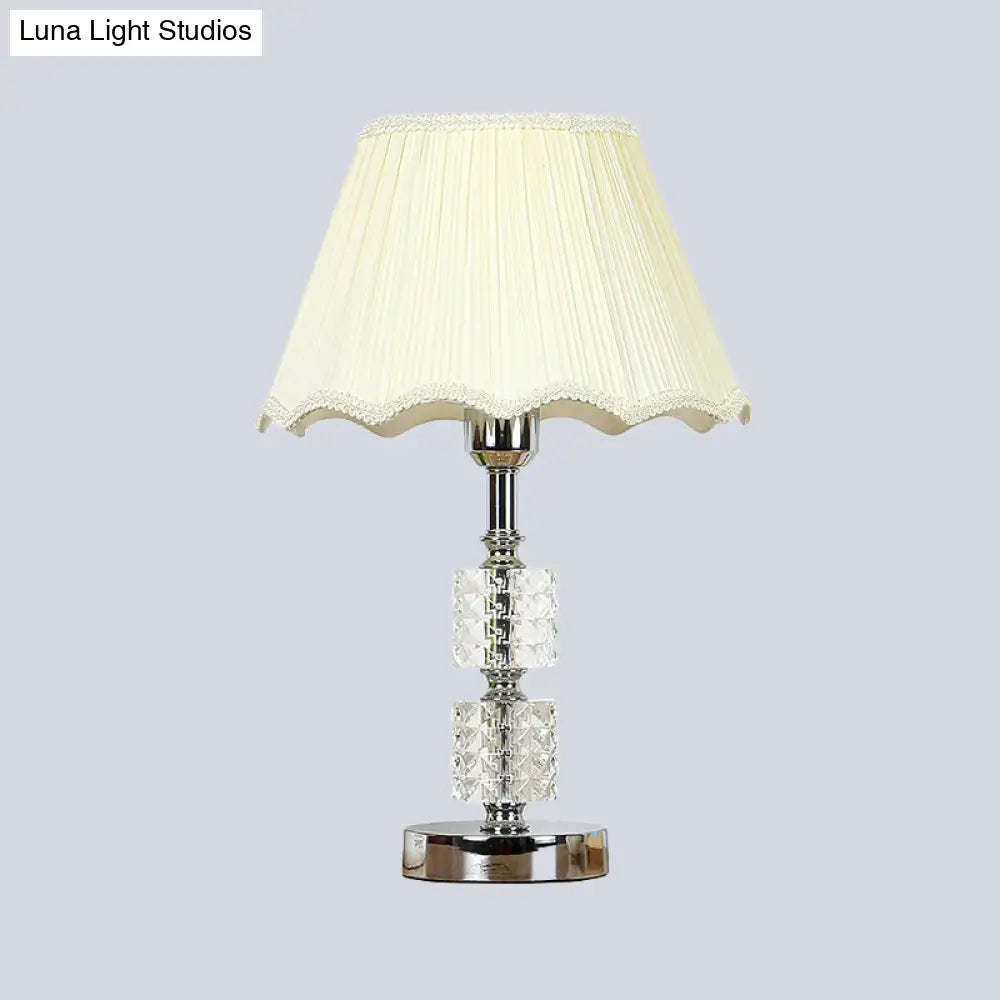 Modern White Flared Study Lamp: Single Head Fabric Table Light With Faux-Braided Detailing