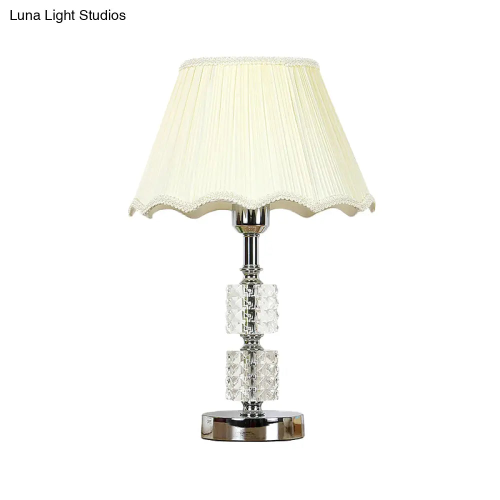 Modern White Flared Study Lamp: Single Head Fabric Table Light With Faux-Braided Detailing