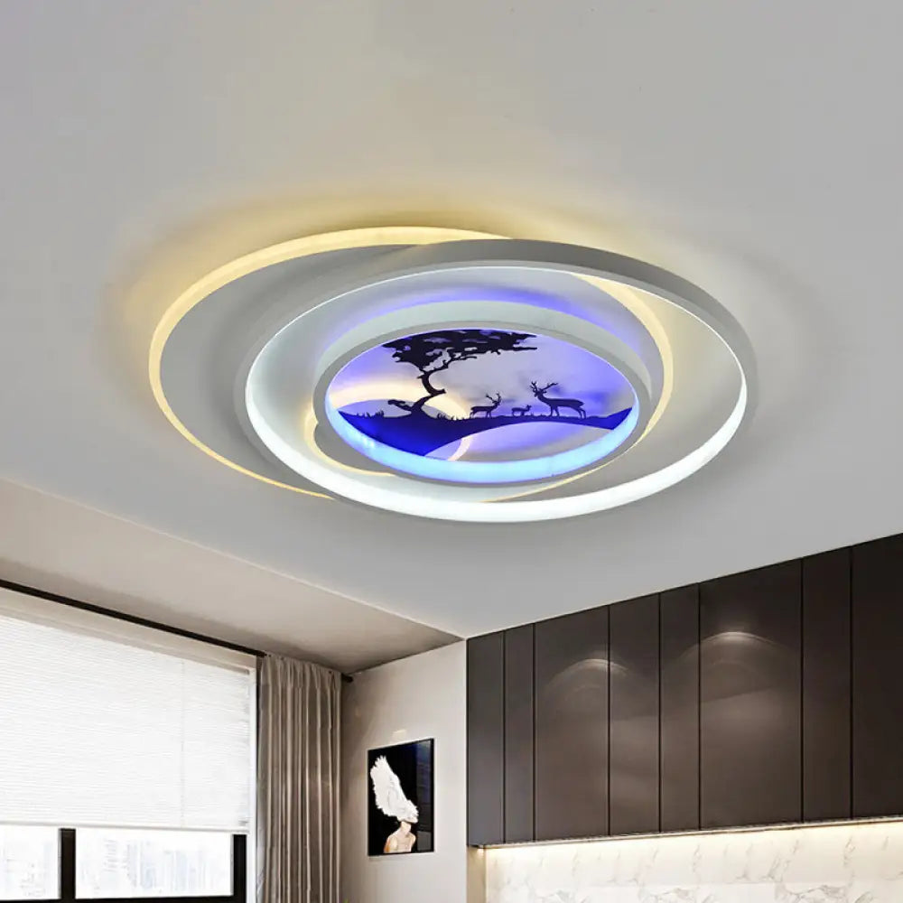 Modern White Flush Light Fixture: Led Acrylic Flushmount Lamp With Elegant Patterns - Flower Deer