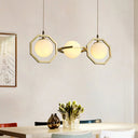 Modern White Frosted Glass Orb Island Light With Gold Octagon Frame - 3-Light Ceiling Pendant Lamp