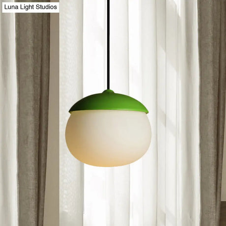 Modern White Glass 1-Light Pendant Lamp With Nut Shape Design - Green Hanging Light For Restaurants