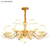 Modern White Glass And Gold Pendant Chandelier With Curved Arm - Barrel Shade Design