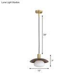 Modern White Glass Ball/Bun Suspension Lamp With Wood Saucer Top In Brown - 1-Light Down Lighting