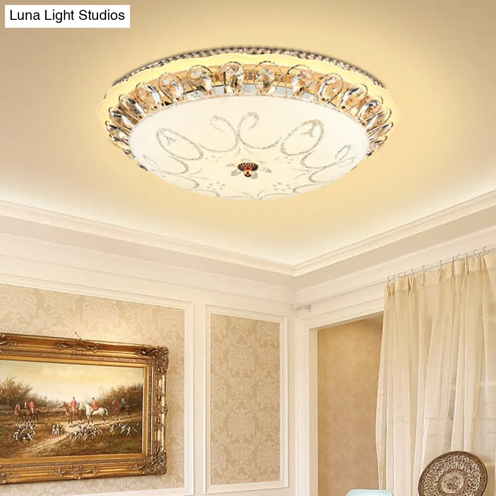 Modern White Glass Bowl Ceiling Lamp With Led Lighting And K9 Crystal Accent - 12’/16’/19.5’ Wide