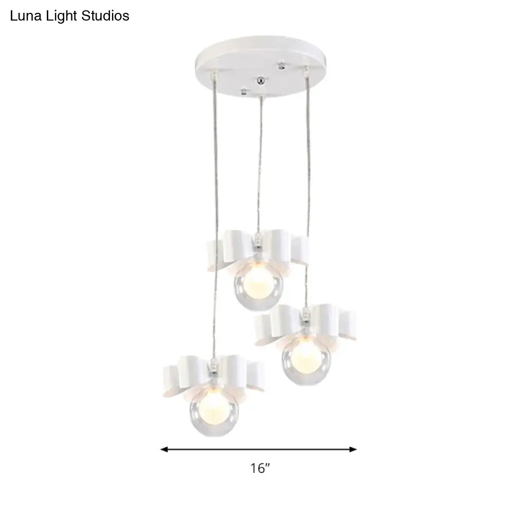 Modern White Glass Bubble Pendant Light With Bow 3 Heads For Dining Table