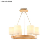 Modern White Glass Cylinder Chandelier Light With Wood Hanging Pendant And Ring Design - 4/6/8-Light