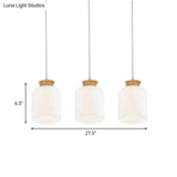 Modern White Glass Cylinder Chandelier With 3 Heads - Wood Suspension Lamp