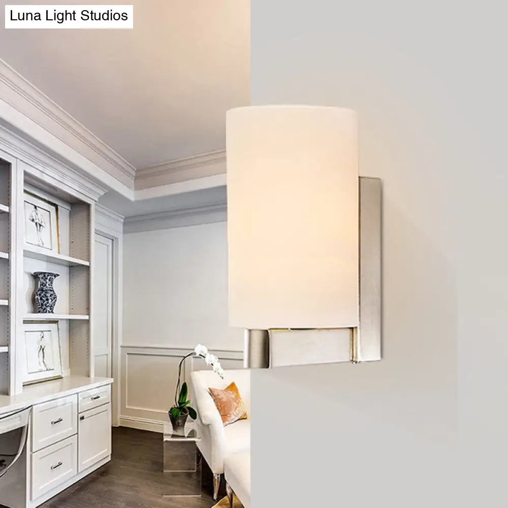 Modern White Glass Cylinder Wall Lamp: Chrome Sconce Fixture For Passages