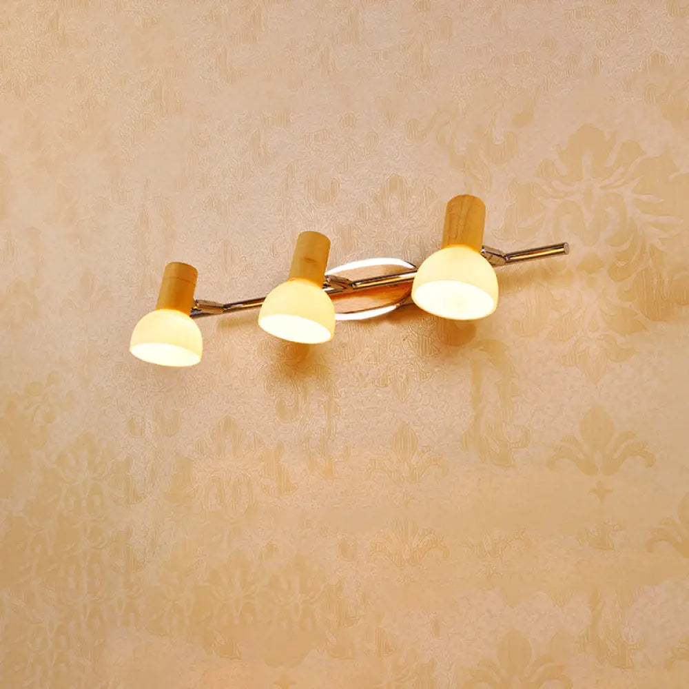 Modern White Glass Dome Vanity Wall Sconce Light With 3 Bulbs Chrome Finish And Wood Top