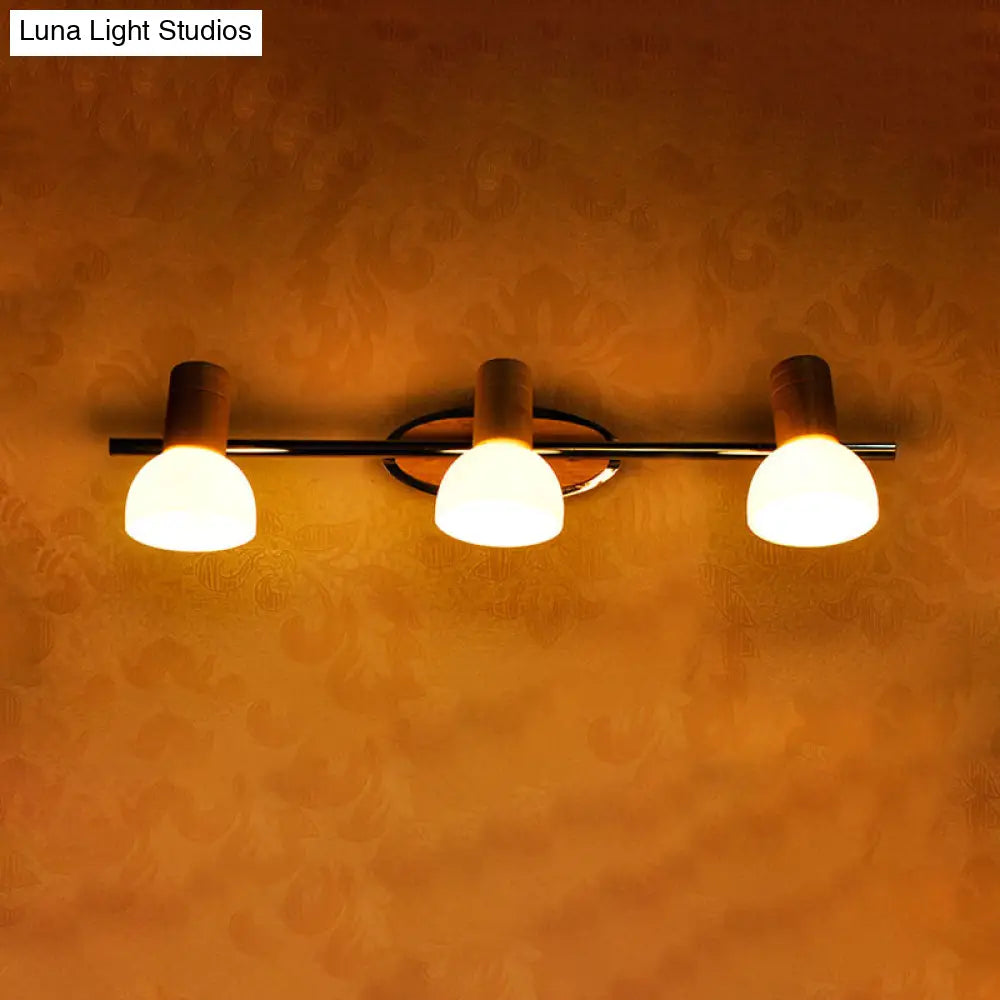 Modern White Glass Dome Vanity Wall Sconce Light With 3 Bulbs Chrome Finish And Wood Top