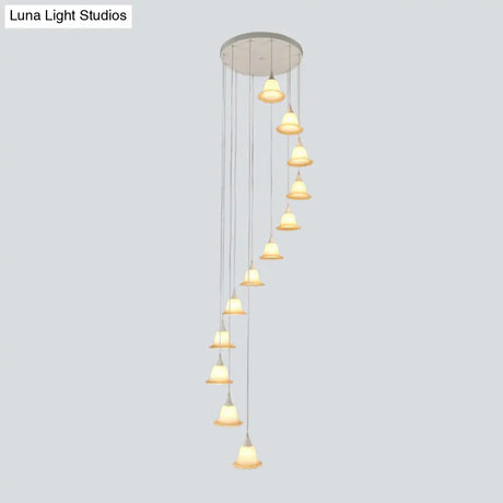 Modern White Glass Flower Multi Pendant Ceiling Lamp With Spiral Design - 12 Lights For Stairs