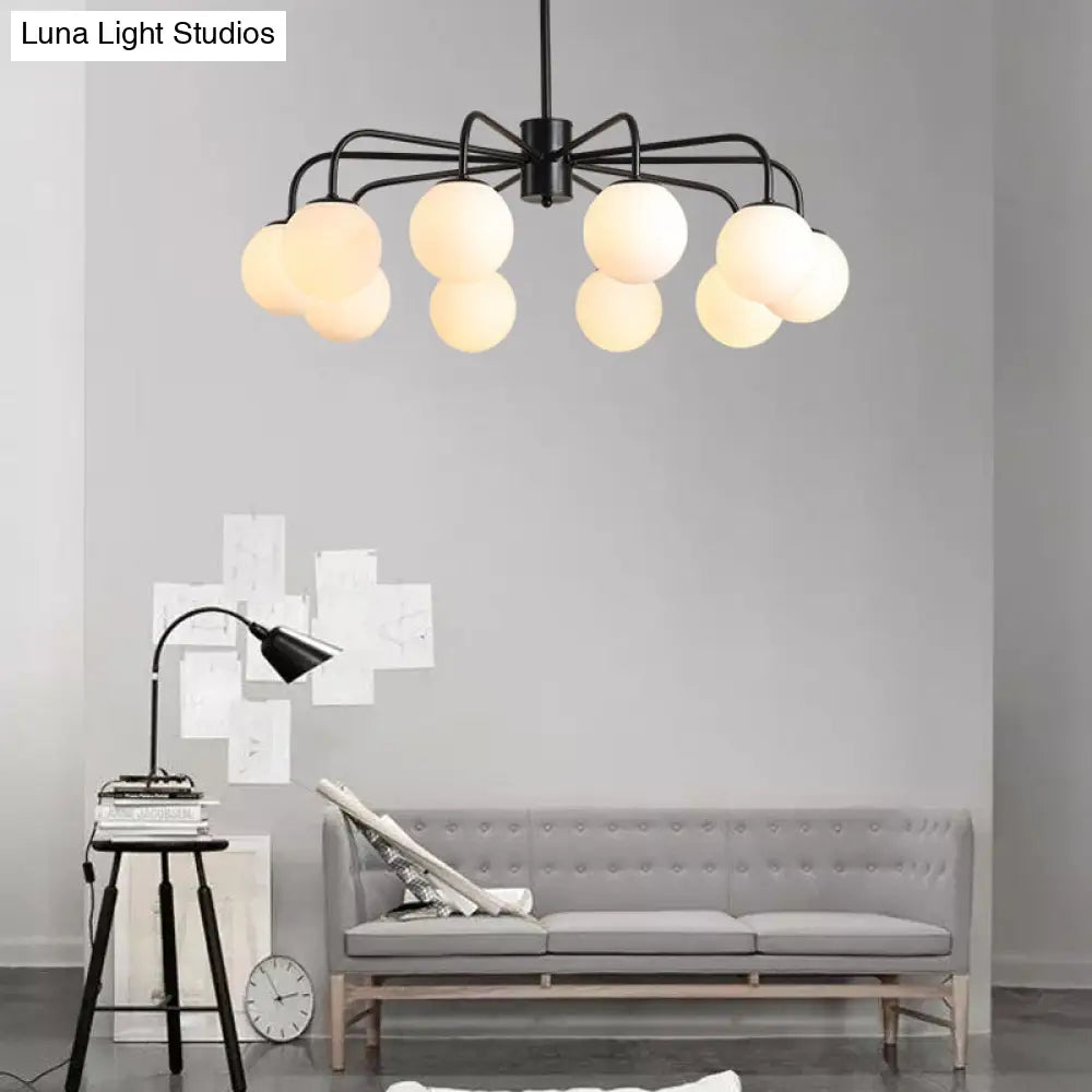 Modern White Glass Globe Chandelier with Radial Design - 6/8/10 Lights Hanging Ceiling Light Curved Arm