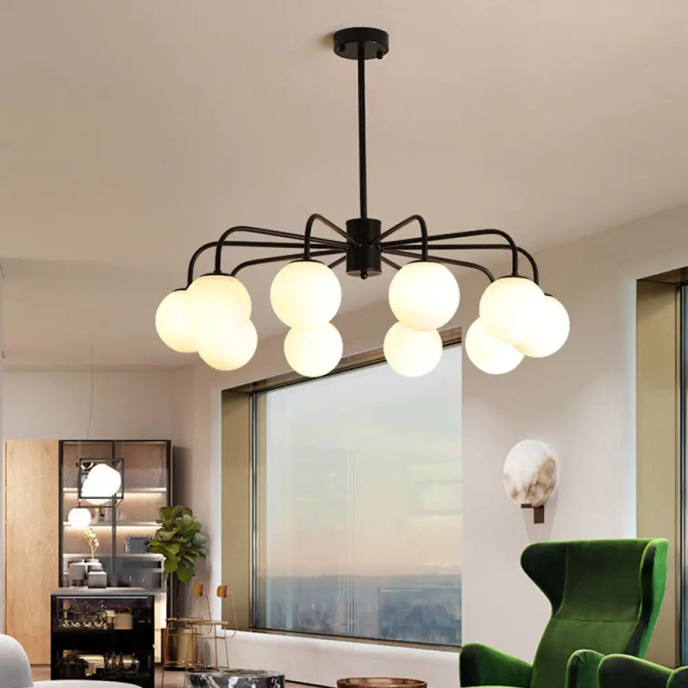 Modern White Glass Globe Chandelier with Radial Design - 6/8/10 Lights Hanging Ceiling Light Curved Arm 10 / Black