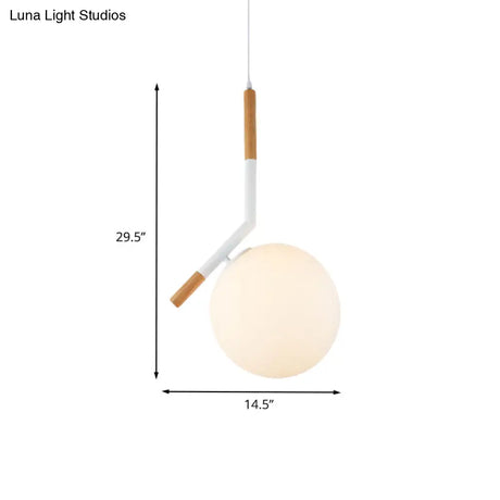 Modern White Glass Globe Pendant Light With Wood Hanging Lamp Kit 1-Head Angled Rod -