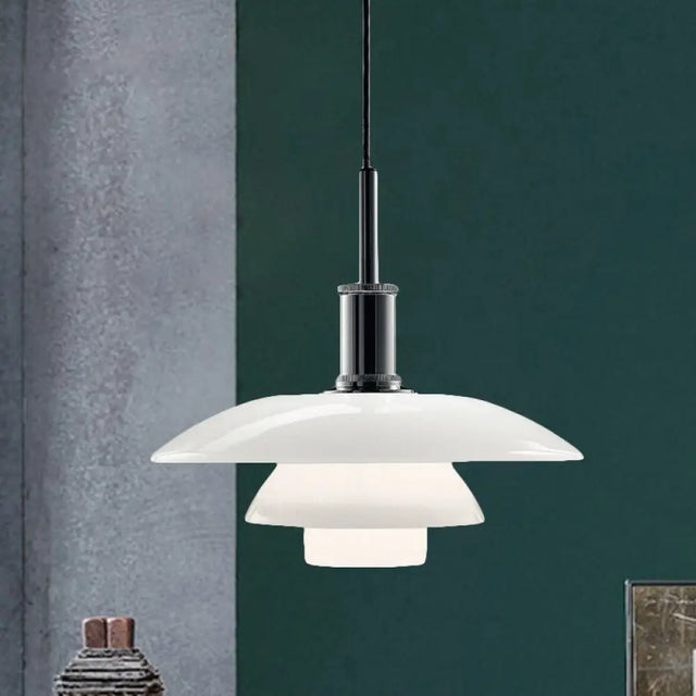 Modern White Glass Hanging Lamp Kit With 3-Tier Suspension For Living Room