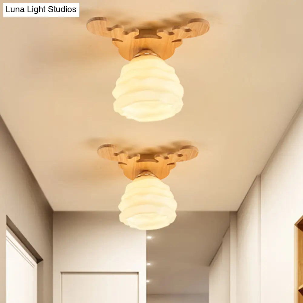 Modern White Glass Honeycomb Flush Mount Ceiling Lamp With Wood Antler Design
