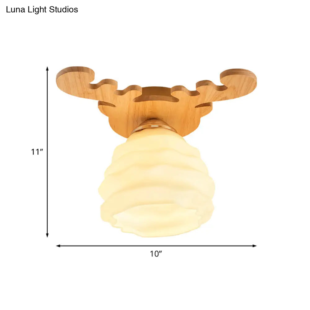 Modern White Glass Honeycomb Flush Mount Ceiling Lamp With Wood Antler Design