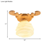 Modern White Glass Honeycomb Flush Mount Ceiling Lamp With Wood Antler Design
