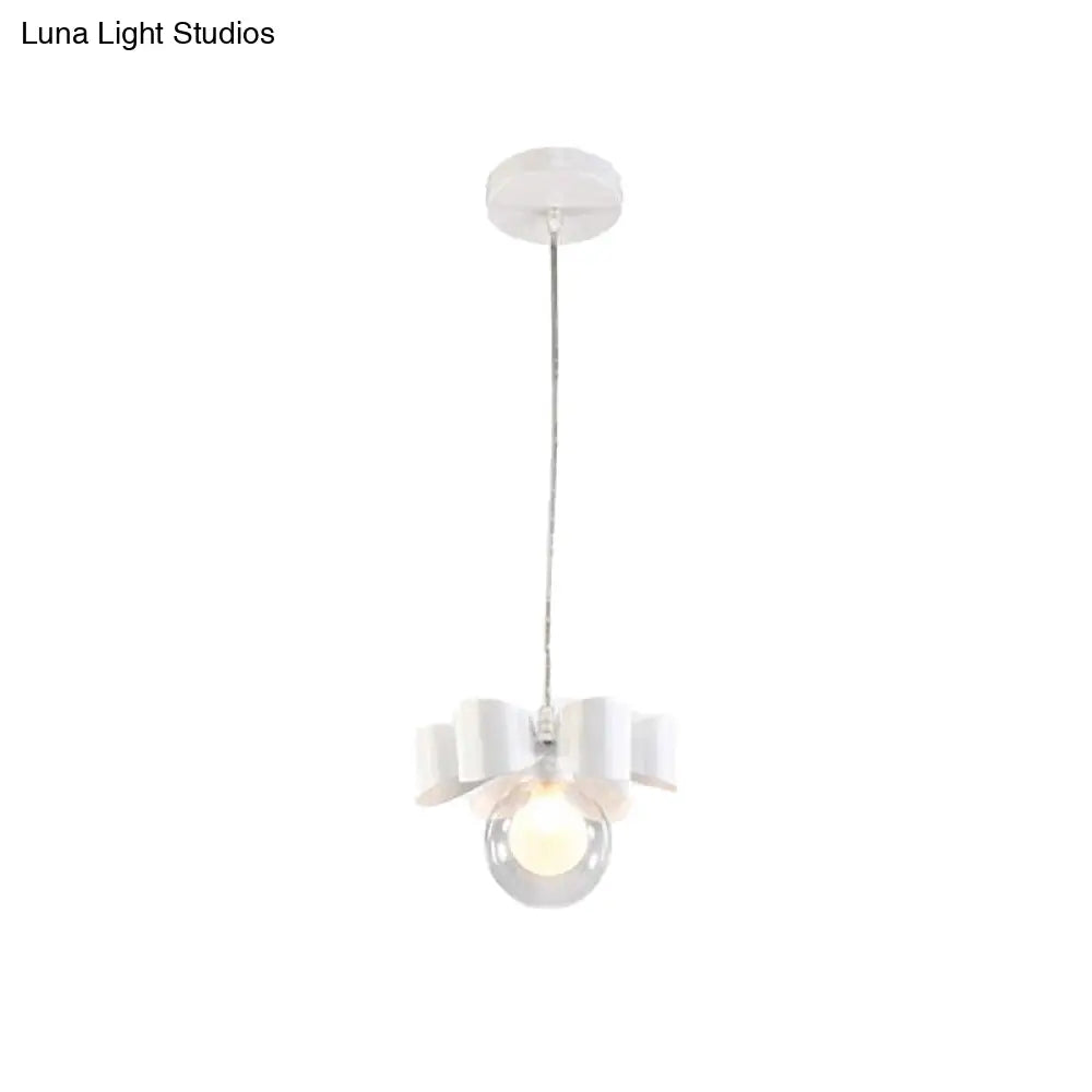 Modern White Glass Orb Pendant Light With Bow Deco - 1-Light Restaurant Hanging Fixture