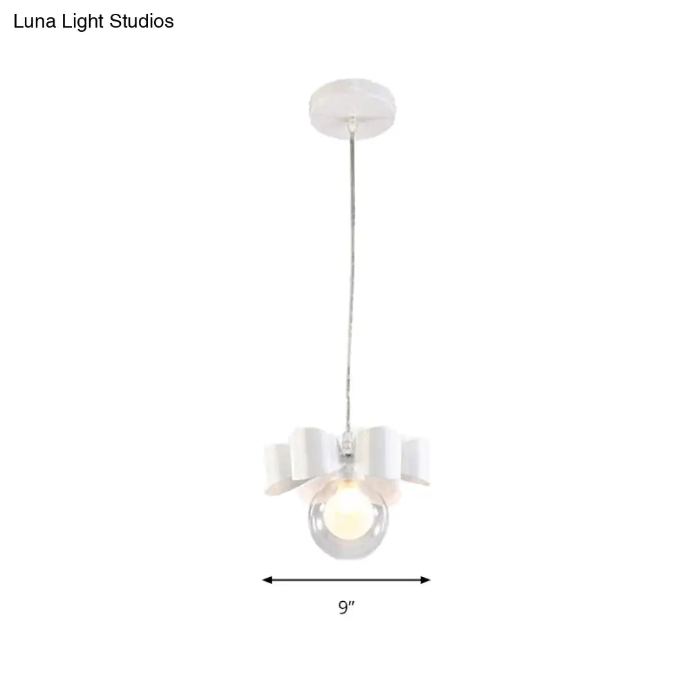 Modern White Glass Orb Pendant Light With Bow Deco - 1-Light Restaurant Hanging Fixture