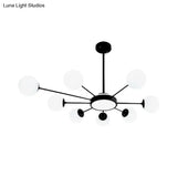 Modern White Glass Round Chandelier With 8 Black Pendant Lights
