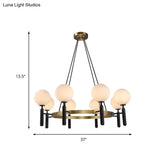 Modern White Glass Sphere Chandelier With Circular Design - 8 Lights Black Hanging Fixture