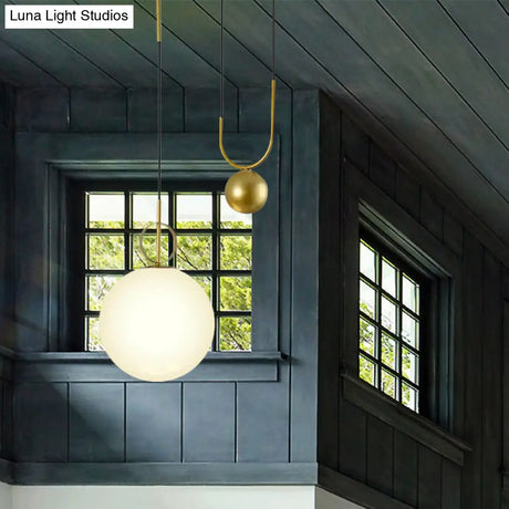 Modern White Glass Sphere Pendant Light With Golden Hanging Fixture For Bedrooms