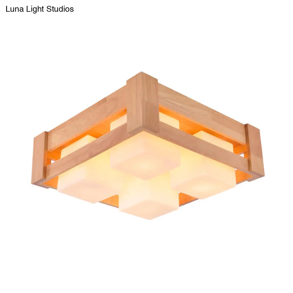 Modern White Glass Square Flushmount Led Lamp With Wood Accents For Living Room
