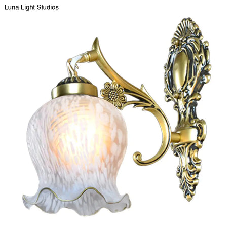 Modern White Glass Wall Mount Lamp With Gold Design - Single Head Flower Sconce Light