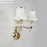Modern White Glass Wall Sconce With Gold Metal Arm & 2 Bulbs