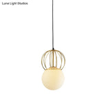 Modern White Globe Suspension Light With Melon Wire And Frosted Glass- Ideal For Bedroom