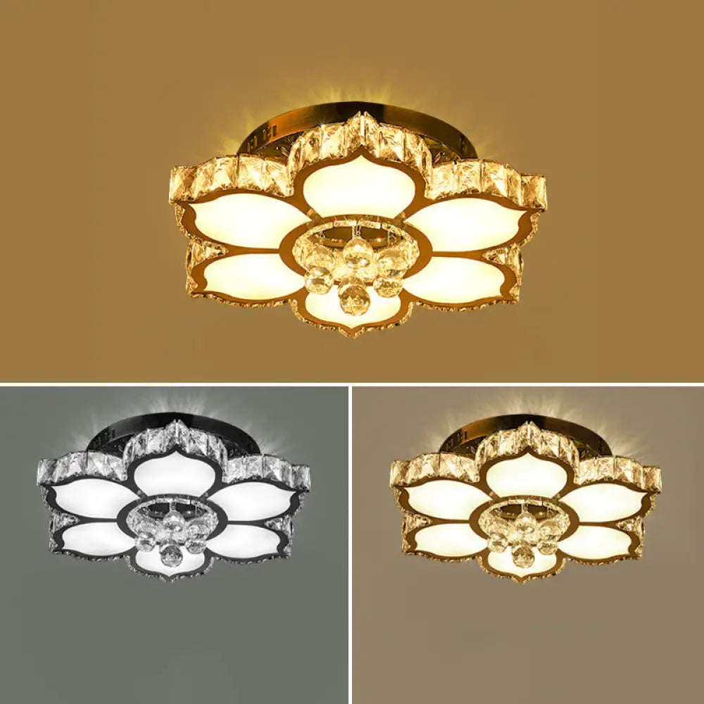 Modern White Led Crystal Flower Ceiling Light For Living Room With Flush Mount Design / 21.5’