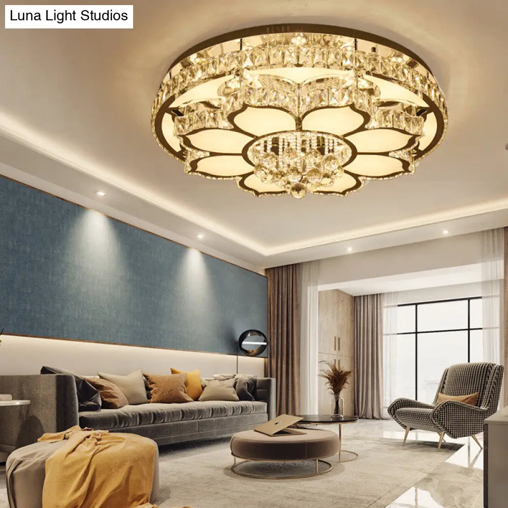Modern White Led Crystal Flower Ceiling Light For Living Room With Flush Mount Design