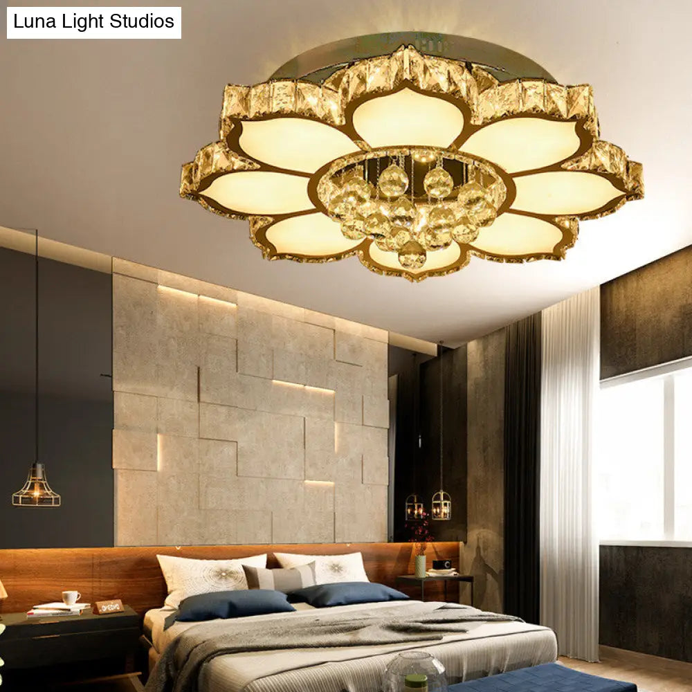 Modern White Led Crystal Flower Ceiling Light For Living Room With Flush Mount Design