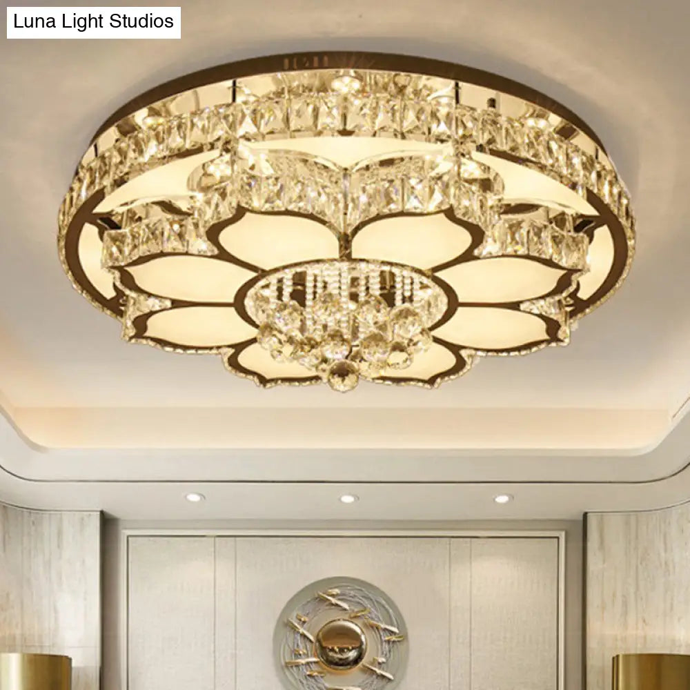 Modern White Led Crystal Flower Ceiling Light For Living Room With Flush Mount Design