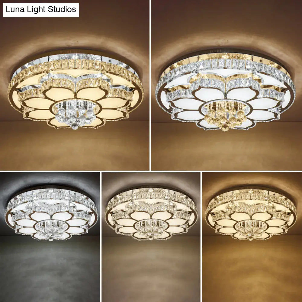Modern White Led Crystal Flower Ceiling Light For Living Room With Flush Mount Design