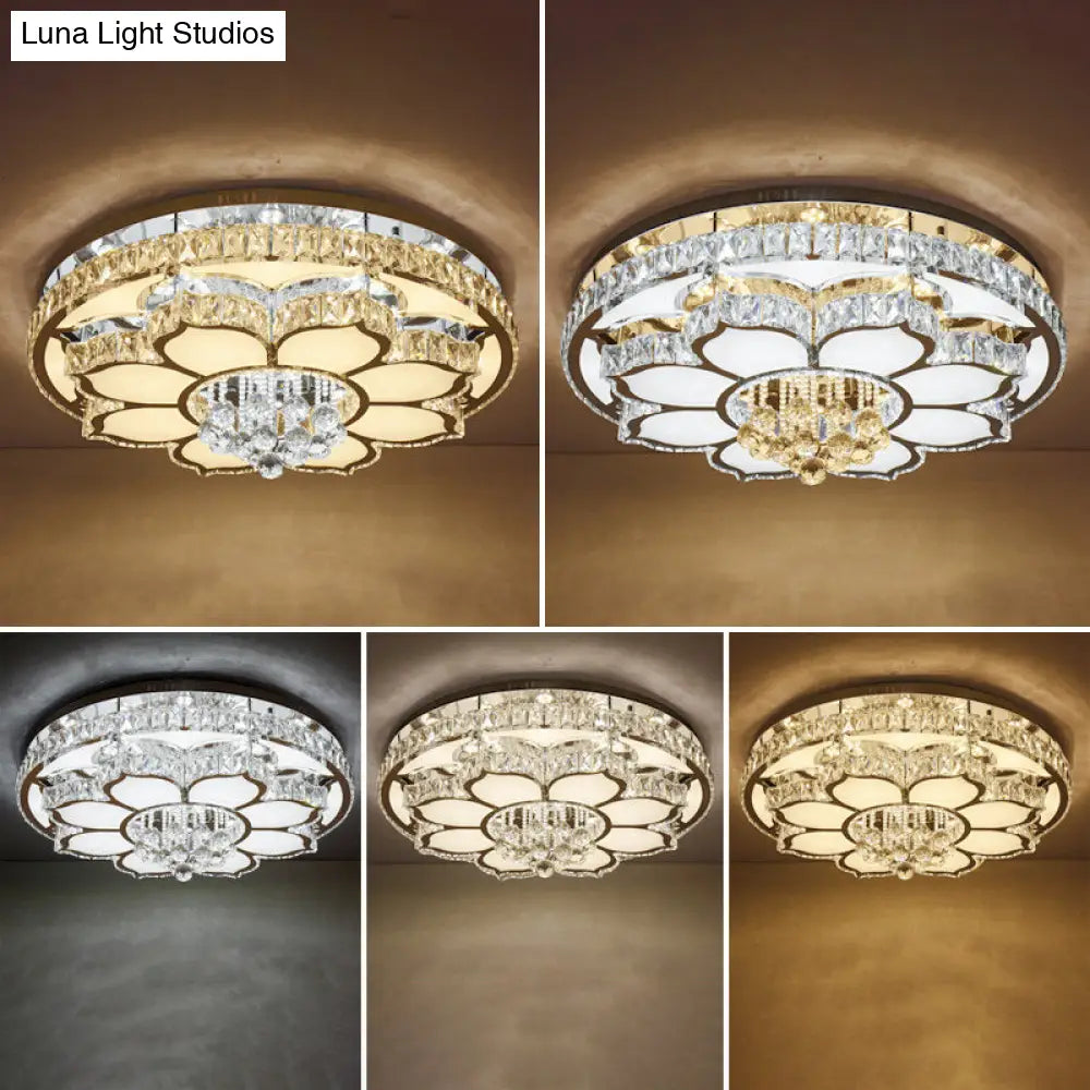 Modern White Led Crystal Flower Ceiling Light For Living Room With Flush Mount Design