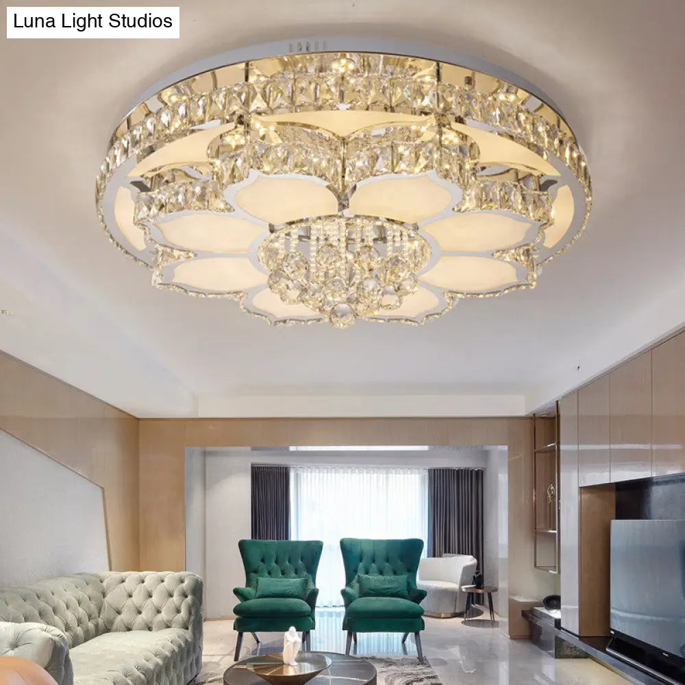 Modern White Led Crystal Flower Ceiling Light For Living Room With Flush Mount Design