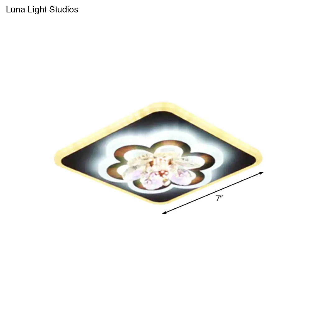 Modern White Led Flush Light With Crystal Accent - Contemporary Floral Design