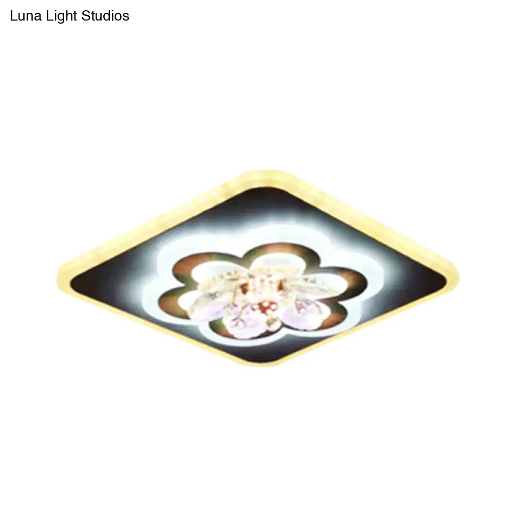 Modern White Led Flush Light With Crystal Accent - Contemporary Floral Design
