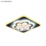 Modern White Led Flush Light With Crystal Accent - Contemporary Floral Design