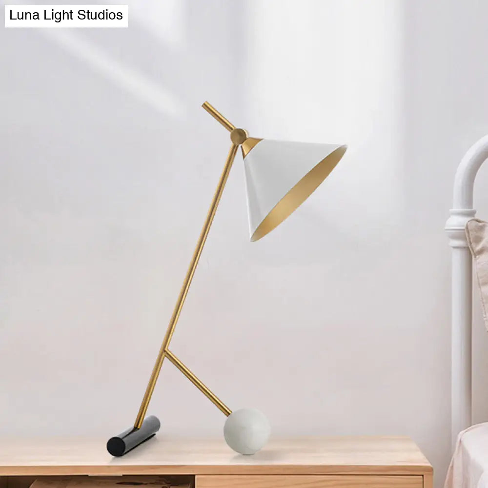 Modern White Led Table Lamp With Flared Design Metallic Tube And Marble Base