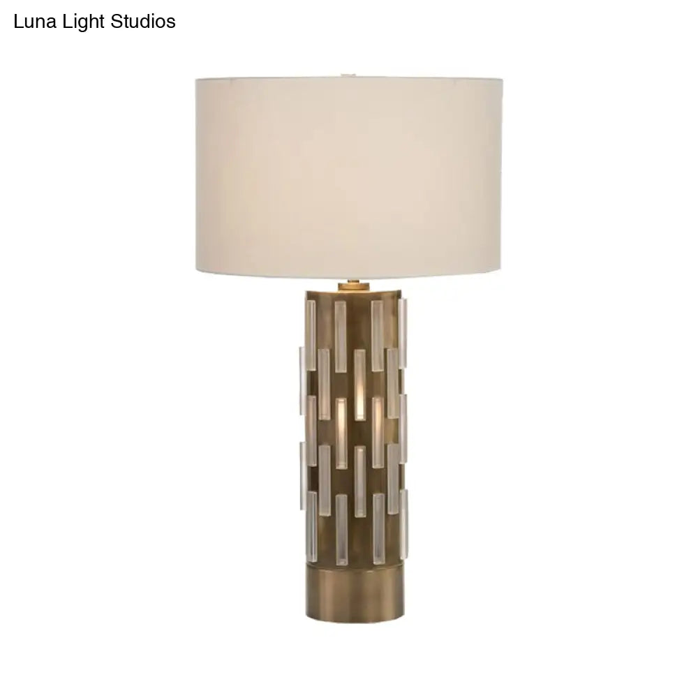 Modern White Metal Table Lamp With Fabric Drum Shade - Perfect Living Room Night Light