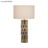 Modern White Metal Table Lamp With Fabric Drum Shade - Perfect Living Room Night Light